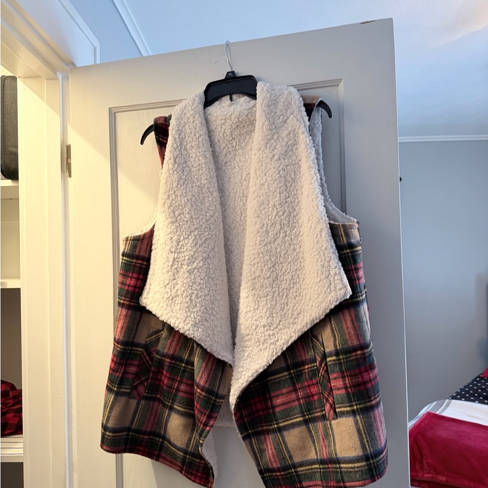 Maurices Multicolor Plaid Vest with Sherpa Lining